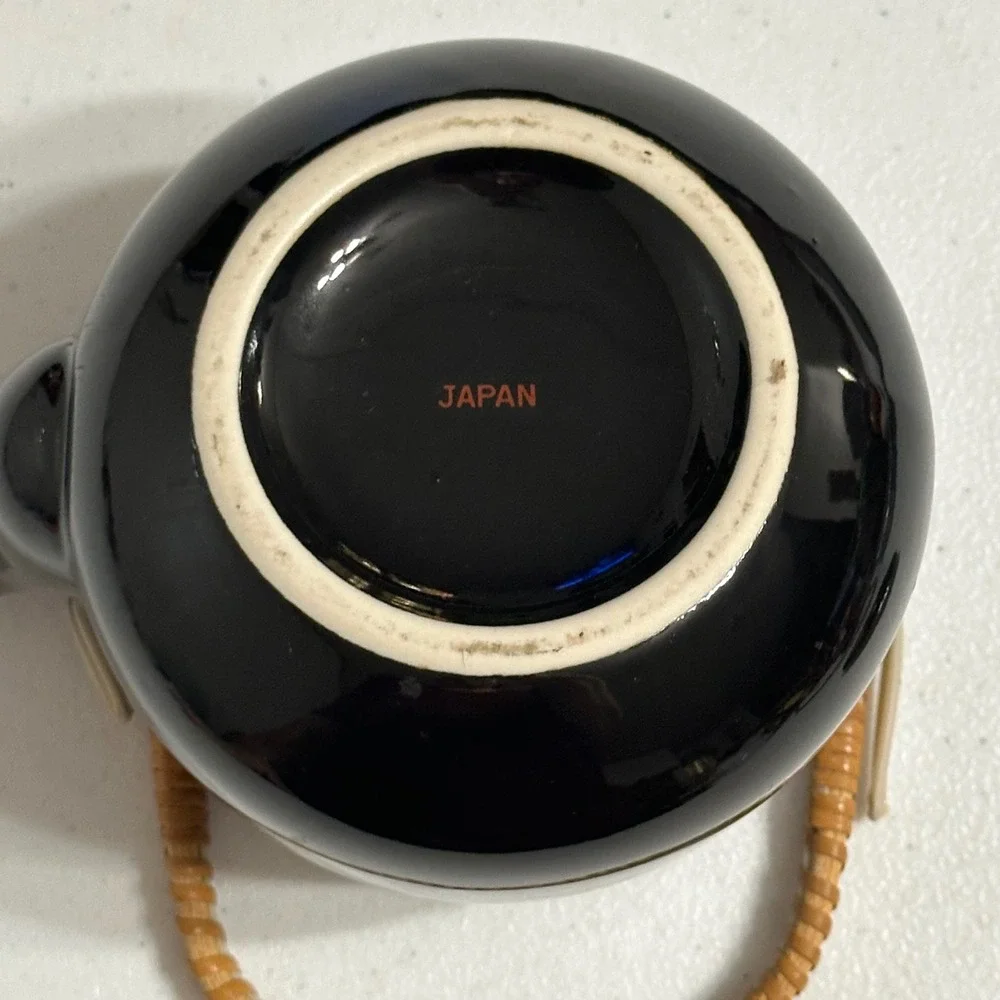 Japan Floral Peony Ceramic Teapot with Rattan Handle Black Vintage 4in